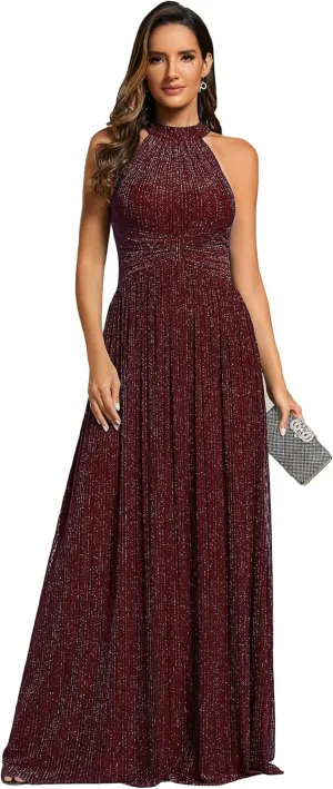 Ever-Pretty Women's Summer Halter Sleeveless Pletaed Floor Length Glitter Formal Evening Dresses 41961