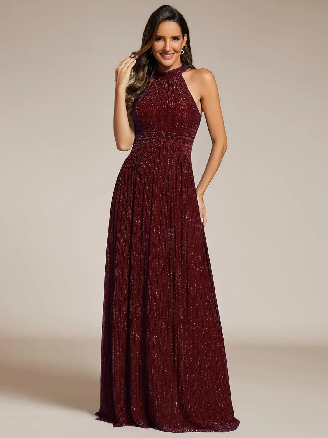 Ever-Pretty Women's Summer Halter Sleeveless Pletaed Floor Length Glitter Formal Evening Dresses 41961