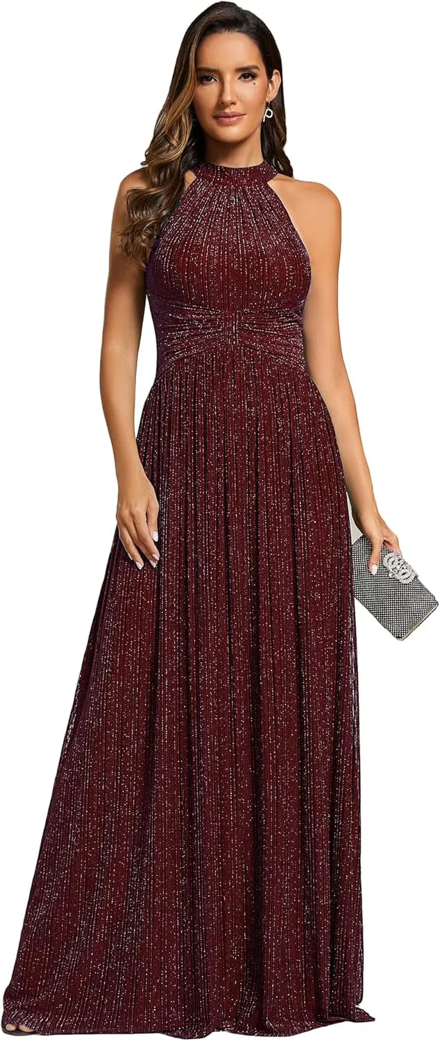 Ever-Pretty Women's Summer Halter Sleeveless Pletaed Floor Length Glitter Formal Evening Dresses 41961