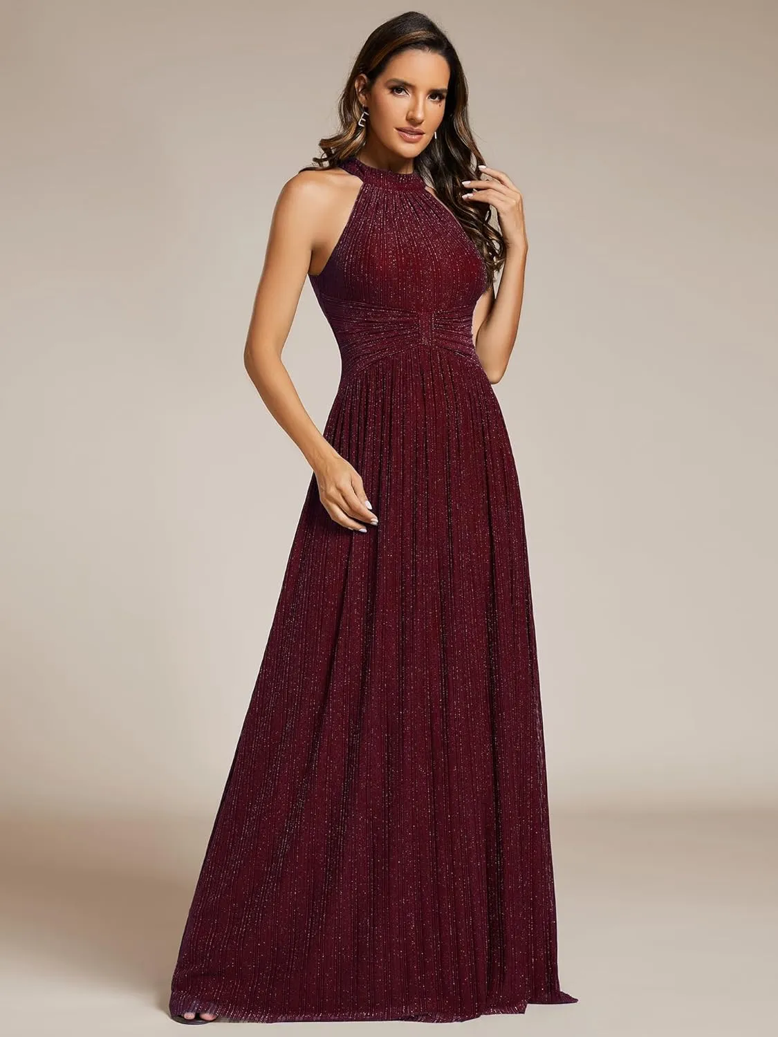Ever-Pretty Women's Summer Halter Sleeveless Pletaed Floor Length Glitter Formal Evening Dresses 41961