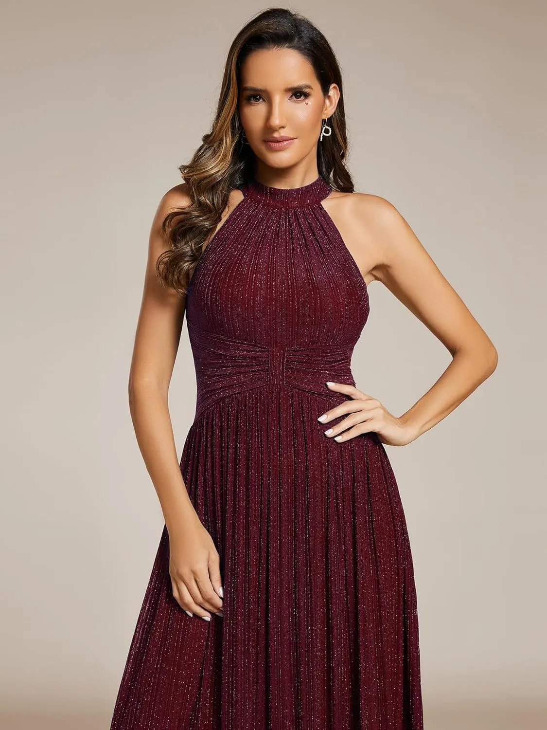 Ever-Pretty Women's Summer Halter Sleeveless Pletaed Floor Length Glitter Formal Evening Dresses 41961