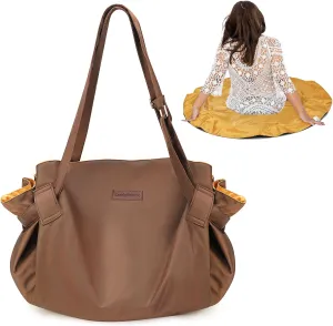 Extra Large Beach Tote for Women - 2-in-1 Foldable Spill-Repellent Sandproof Bag with Brown Picnic Blanket, Perfect for Pool & Camping