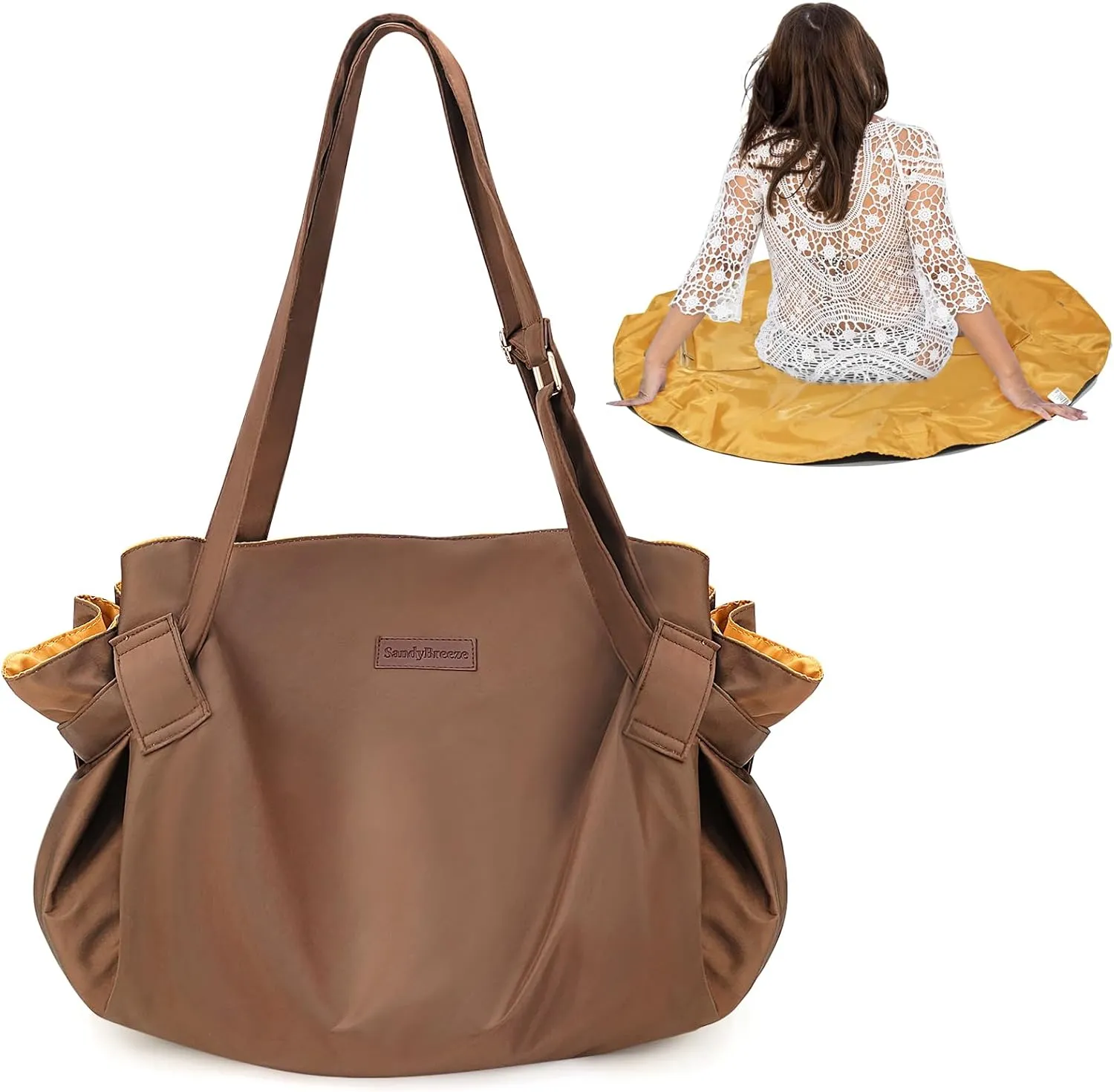 Extra Large Beach Tote for Women - 2-in-1 Foldable Spill-Repellent Sandproof Bag with Brown Picnic Blanket, Perfect for Pool & Camping