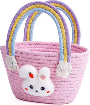Exun Bunny Basket for Kids, Cute Cotton Tote Bag Hand-Woven Handbag with Rainbow Handles, Easter Egg Hunt Basket Bags for Boys, Girls, Toddler, Babies, Easter gift basket Personalized (Pink)