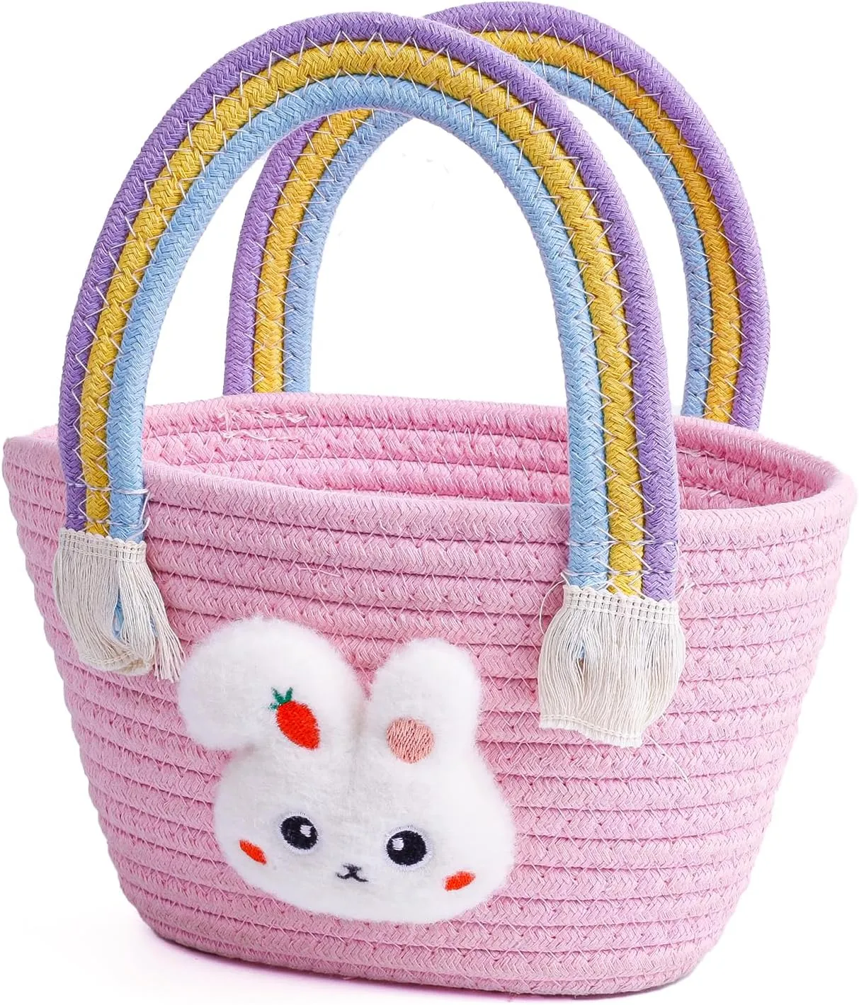 Exun Bunny Basket for Kids, Cute Cotton Tote Bag Hand-Woven Handbag with Rainbow Handles, Easter Egg Hunt Basket Bags for Boys, Girls, Toddler, Babies, Easter gift basket Personalized (Pink)