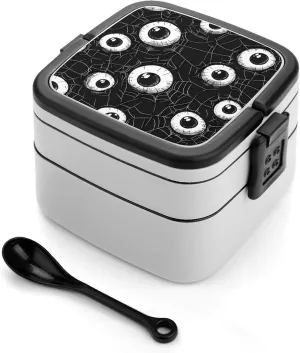 Eyeball on Spider Web Bento Box Adult Lunch Box Two Layers Design with Hand Carry And Spoon for Work Camp Travel