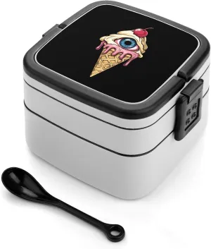 Eyeball Peeping Ice Cream Cone Bento Box Adult Lunch Box Two Layers Design with Hand Carry And Spoon for Work Camp Travel