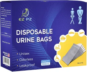 EZ PZ Disposable Urine Bags [12 Pack] Portable Urinal for Travel, Emergencies, Camping or Traffic Jam Leak-Proof and Odorless 700ml Pee Bags for Men and Women