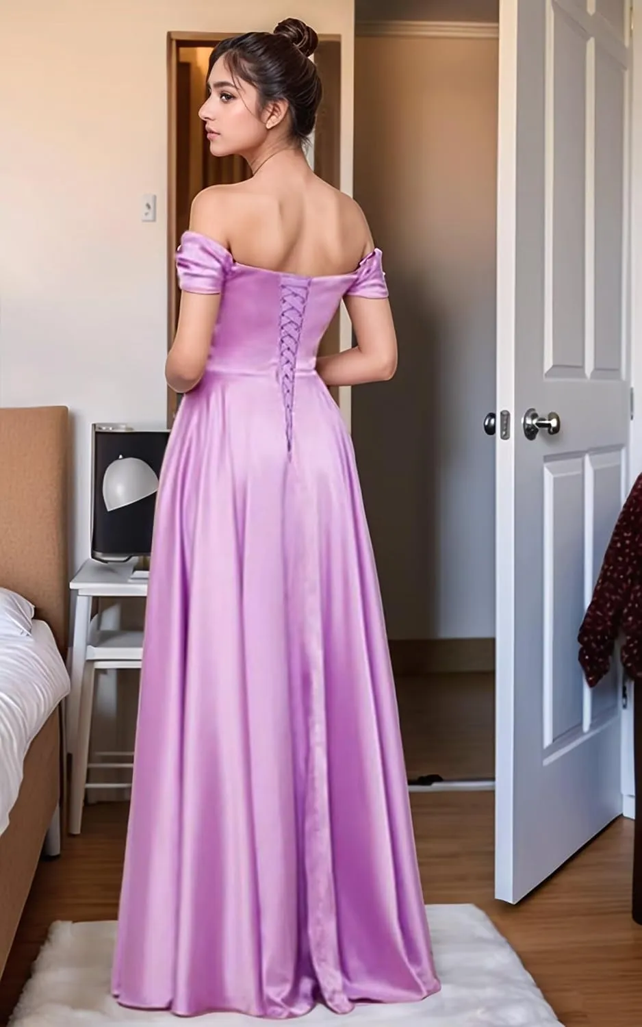 Fair Lady Bridesmaid Dresses for Women Long Satin Ruffle Off The Shoulder Formal Evening Party Gowns with Slit