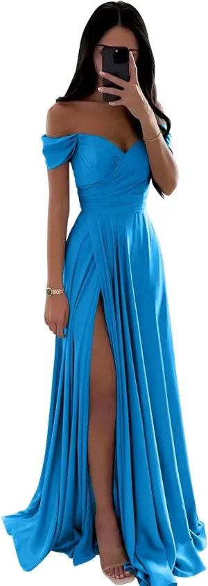 Fair Lady Bridesmaid Dresses for Women Long Satin Ruffle Off The Shoulder Formal Evening Party Gowns with Slit