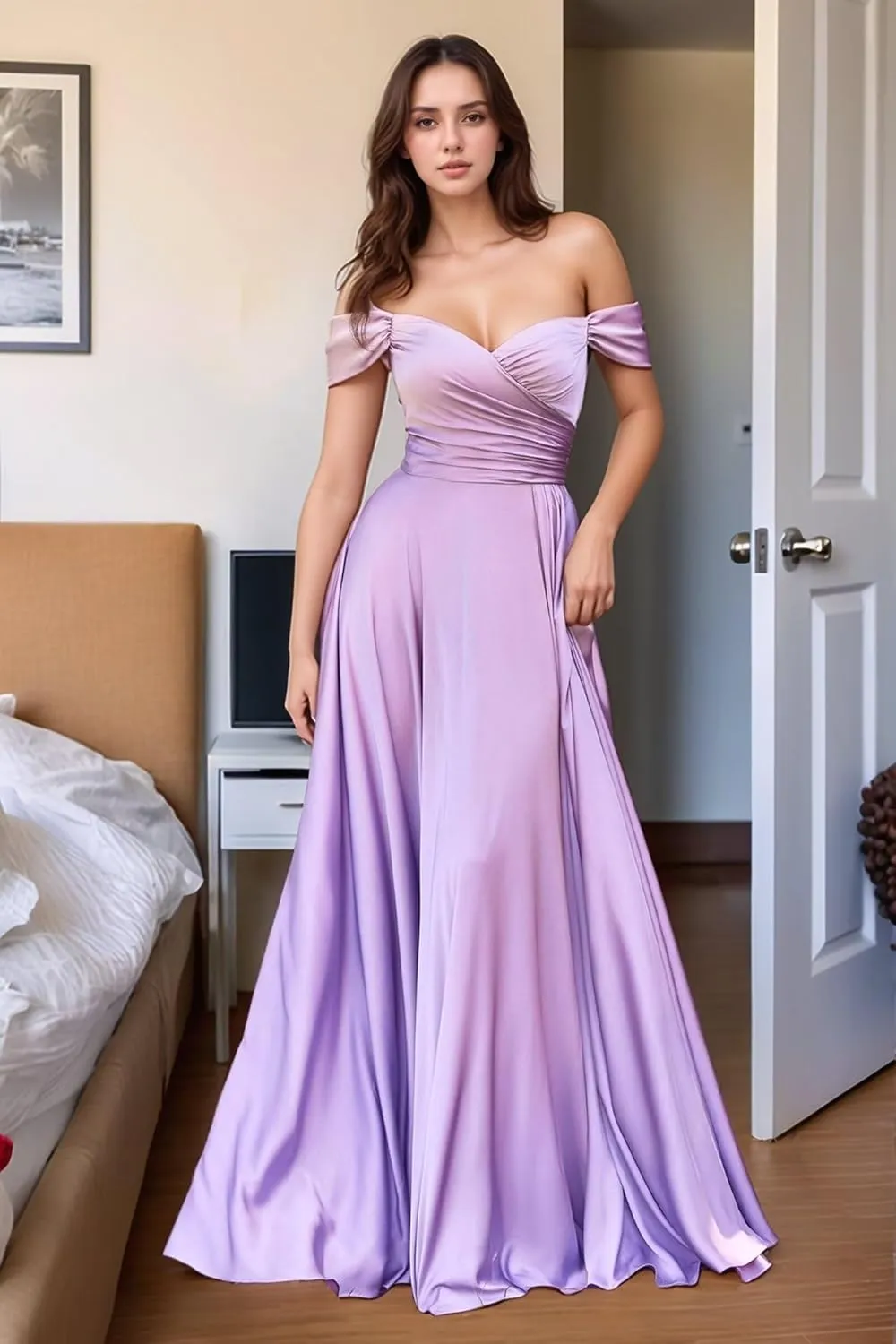 Fair Lady Bridesmaid Dresses for Women Long Satin Ruffle Off The Shoulder Formal Evening Party Gowns with Slit