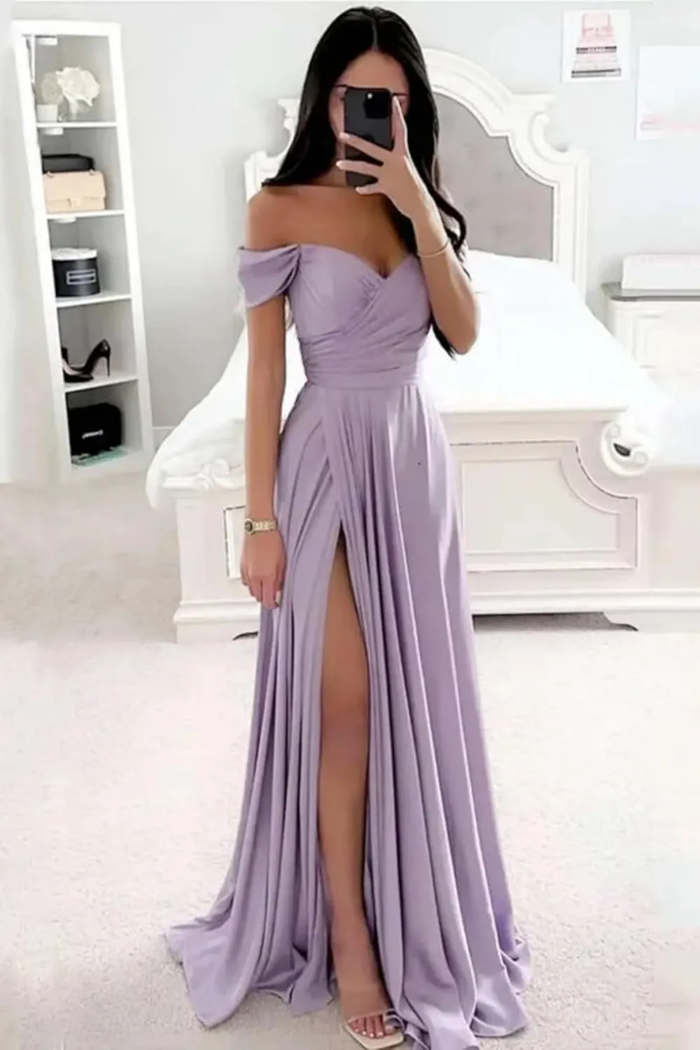 Fair Lady Bridesmaid Dresses for Women Long Satin Ruffle Off The Shoulder Formal Evening Party Gowns with Slit