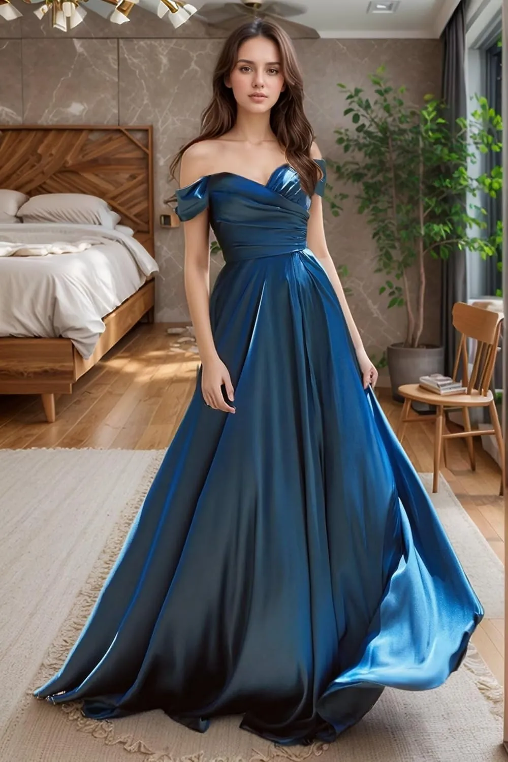 Fair Lady Bridesmaid Dresses for Women Long Satin Ruffle Off The Shoulder Formal Evening Party Gowns with Slit
