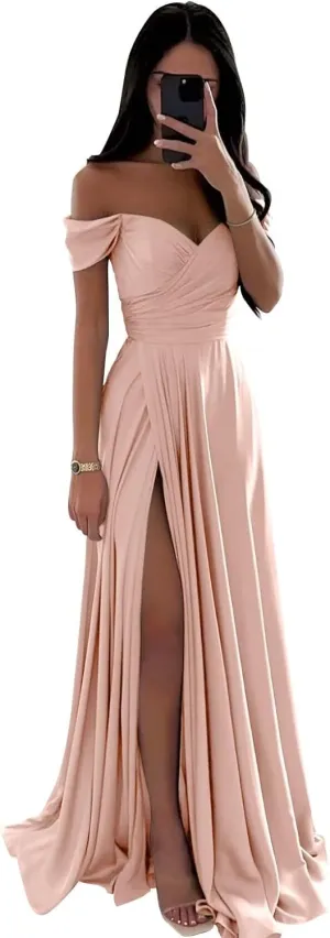 Fair Lady Bridesmaid Dresses for Women Long Satin Ruffle Off The Shoulder Formal Evening Party Gowns with Slit