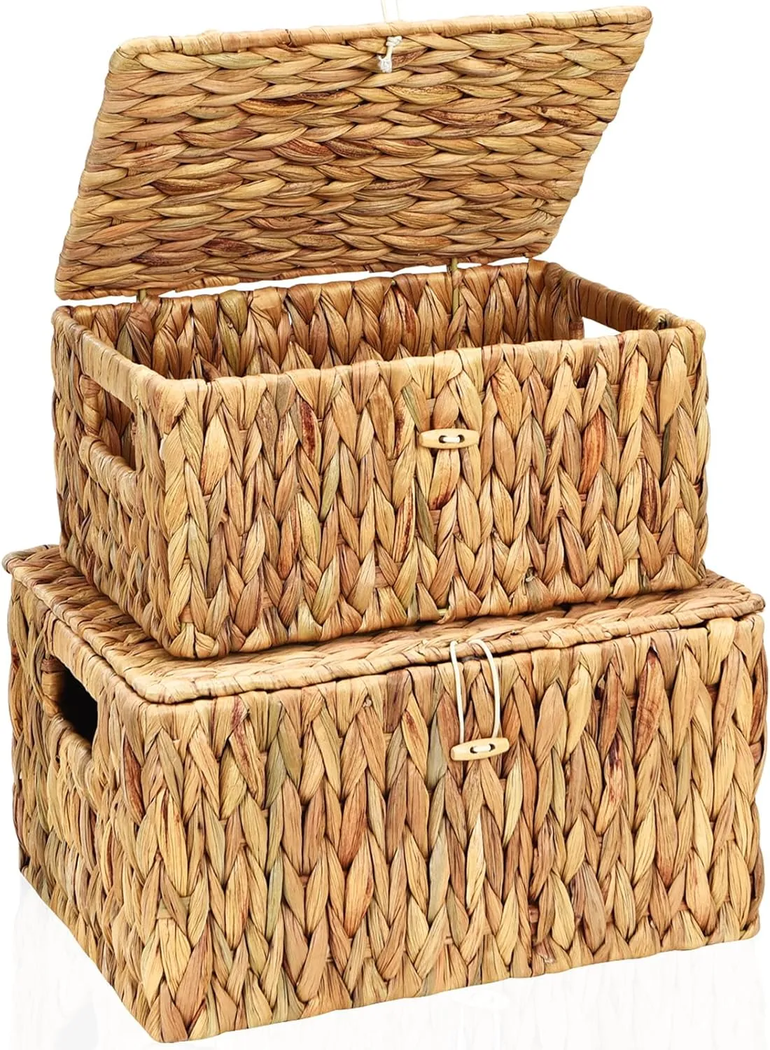 FairyHaus Wicker Storage Basket with Lid, Water Hyacinth Wicker Basket with Lid and Handles, Large and Small Wicker Baskets with Lids 2Pack, 13"x10"x7" & 11.2"x8.3"x5.7"