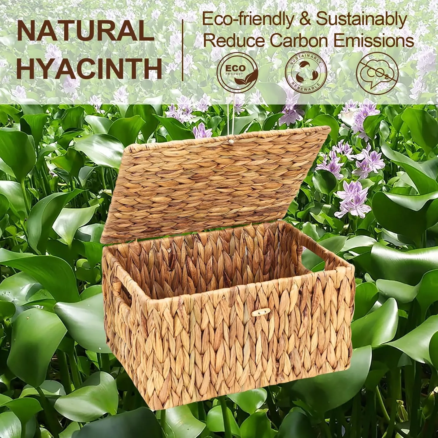 FairyHaus Wicker Storage Basket with Lid, Water Hyacinth Wicker Basket with Lid and Handles, Large and Small Wicker Baskets with Lids 2Pack, 13"x10"x7" & 11.2"x8.3"x5.7"