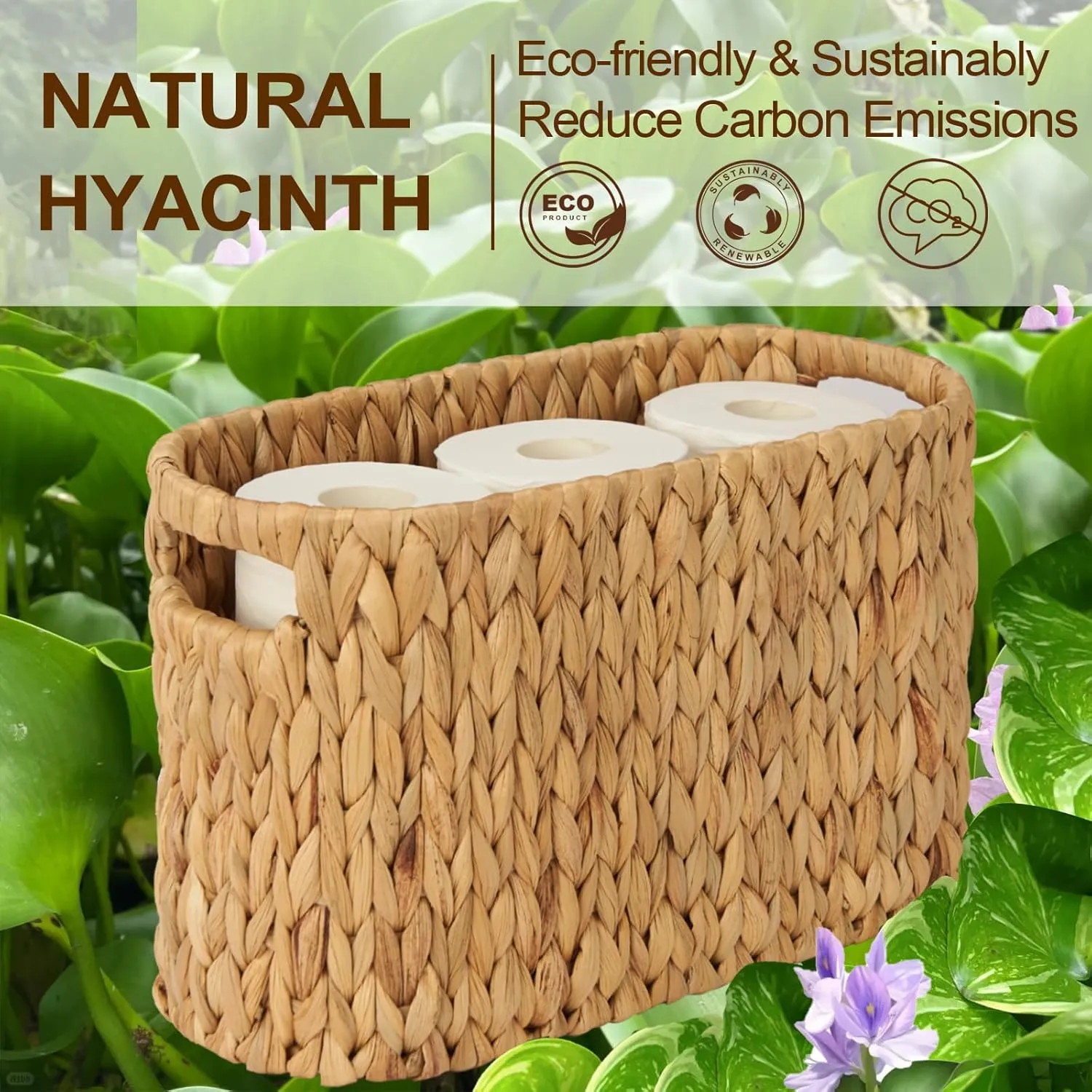 FairyHaus Wicker Toilet Paper Storage Basket with Buit-in Handles, 6 Rolls Natural Water Hyacinth Toilet Paper Holder Stand with Storage, Freestanding Handwoven Toilet Paper Holder Basket for Bathroom