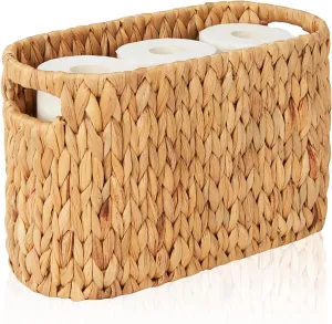 FairyHaus Wicker Toilet Paper Storage Basket with Buit-in Handles, 6 Rolls Natural Water Hyacinth Toilet Paper Holder Stand with Storage, Freestanding Handwoven Toilet Paper Holder Basket for Bathroom