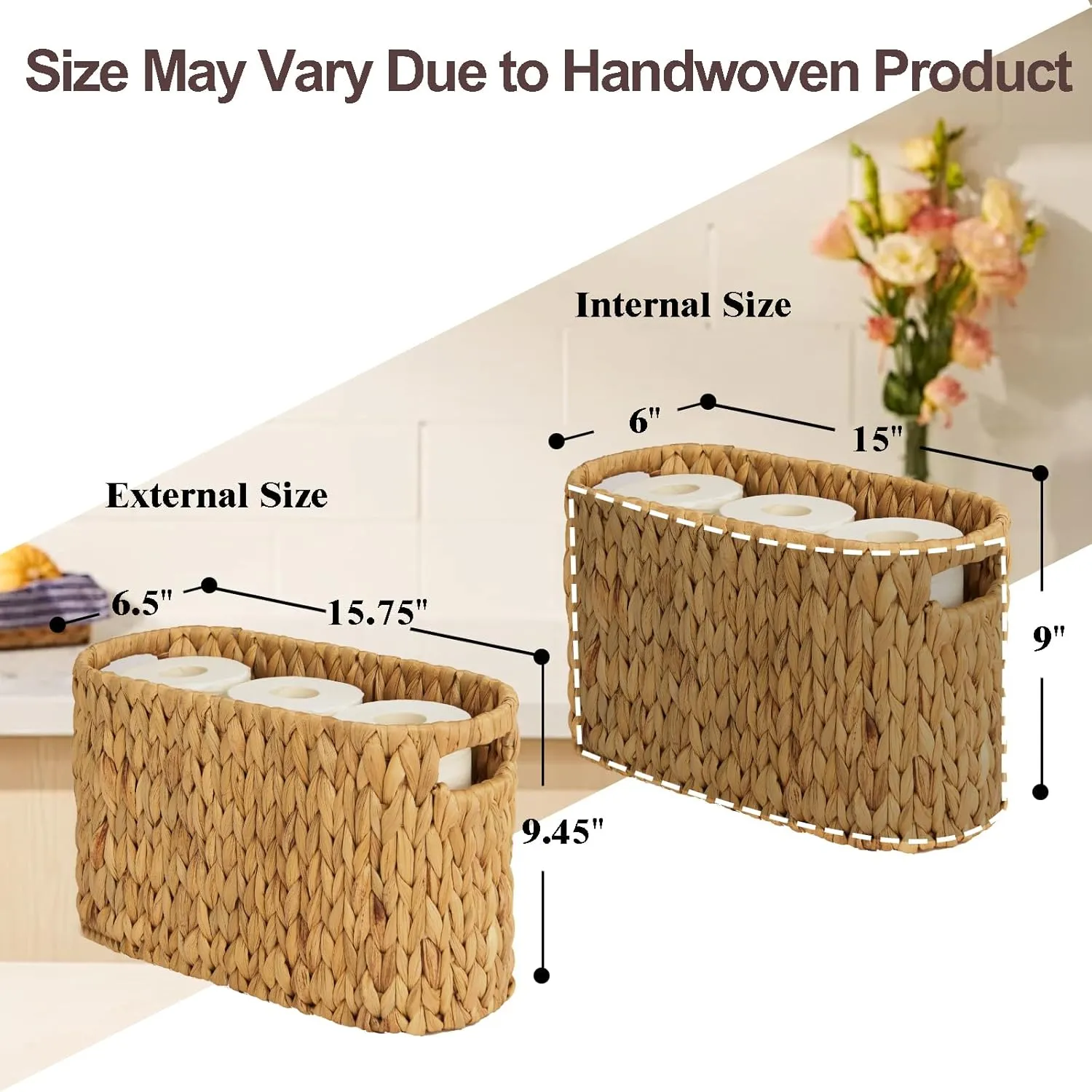FairyHaus Wicker Toilet Paper Storage Basket with Buit-in Handles, 6 Rolls Natural Water Hyacinth Toilet Paper Holder Stand with Storage, Freestanding Handwoven Toilet Paper Holder Basket for Bathroom
