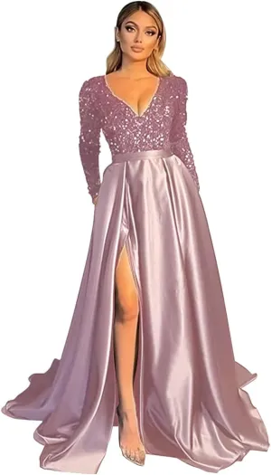 Fanciest V Neck Long Sleeve Prom Dresses with Slit Sequin Satin Formal Evening Gowns