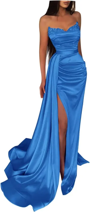 Fanciest Women's Beaded Mermaid Prom Dresses 2025 Satin Ball Gown Long Formal Evening Gowns with Slit