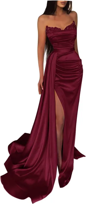 Fanciest Women's Beaded Mermaid Prom Dresses 2025 Satin Ball Gown Long Formal Evening Gowns with Slit