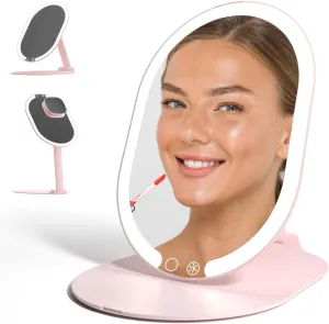 Fancii LED Rechargeable Portable Makeup Mirror with 3 Color Light Settings & 10x Magnetic Magnifying Mirror – Ultra Slim, Foldable Travel Vanity Mirror, 1500 mAh Battery, Height (Pink)