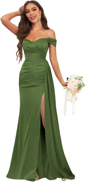 Fancy Bridesmaid Dresses for Wedding Off The Shoulder Mermaid Satin Prom Dress Formal Gown with Draping