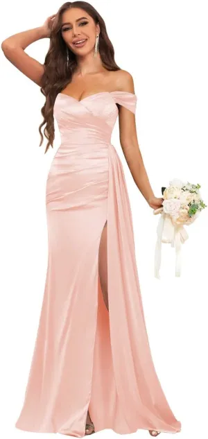 Fancy Bridesmaid Dresses for Wedding Off The Shoulder Mermaid Satin Prom Dress Formal Gown with Draping