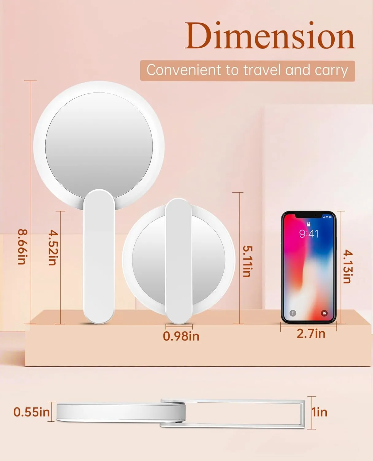 FASCINATE Handheld Mirror with Lights, 1X 10X Double Sided Magnifying Mirror with Swivel Handle, Perfect for Travel, Compact, Pocket, Purse, Folding, USB Charging （with Flannel Bag）