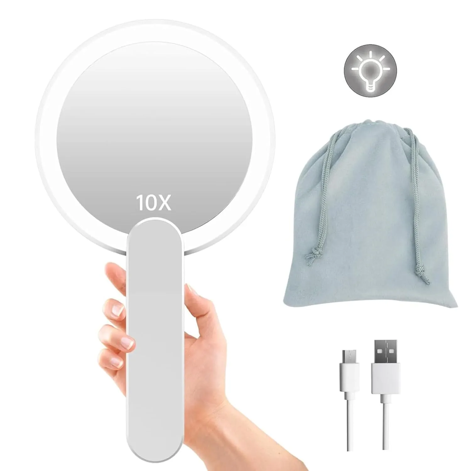 FASCINATE Handheld Mirror with Lights, 1X 10X Double Sided Magnifying Mirror with Swivel Handle, Perfect for Travel, Compact, Pocket, Purse, Folding, USB Charging （with Flannel Bag）