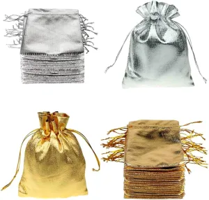 FineInno 100 Packs Gold and Silver Drawstring Organza Pouches Jewelry Gift Bags Candy Party Wedding Favor Present Christmas Halloween Bags,7x9 cm