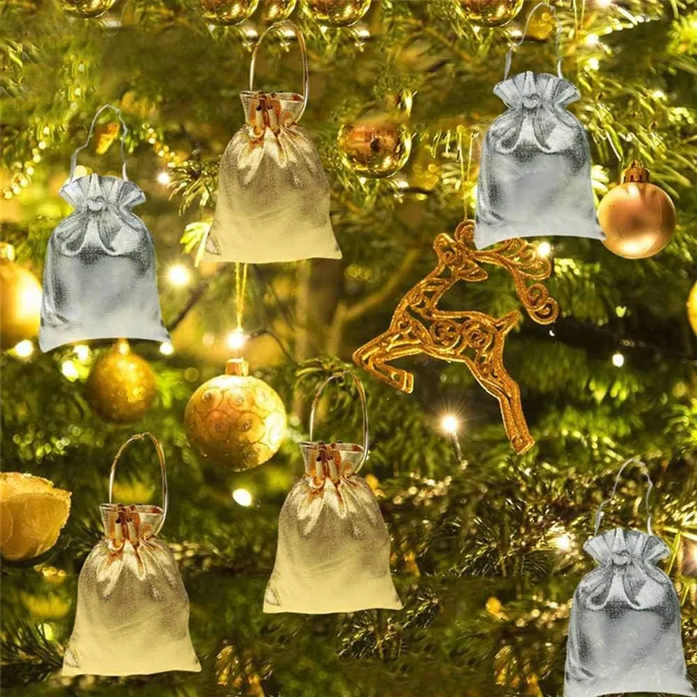 FineInno 100 Packs Gold and Silver Drawstring Organza Pouches Jewelry Gift Bags Candy Party Wedding Favor Present Christmas Halloween Bags,7x9 cm
