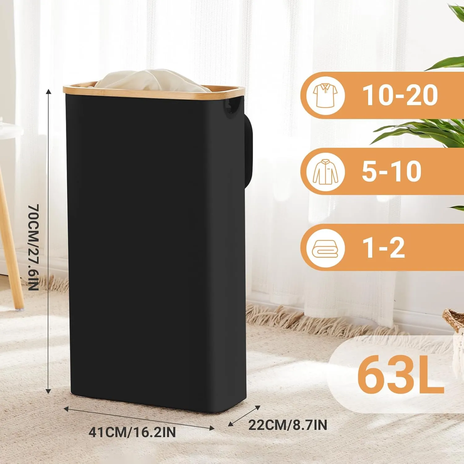 Fiona's magic Slim Laundry Hamper with Lid, 63L Narrow Laundry Basket with Removable Bag, Black Collapsible Dirty Clothes Basket, Thin Tall Storage Basket for Bathroom, Bedroom