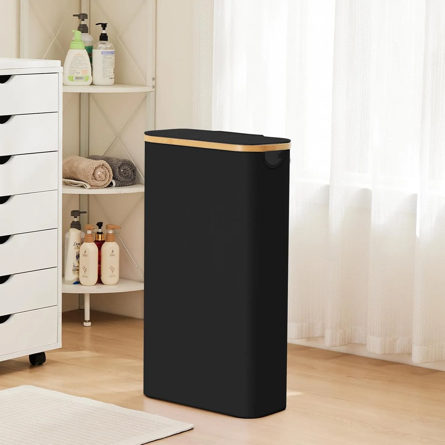 Fiona's magic Slim Laundry Hamper with Lid, 63L Narrow Laundry Basket with Removable Bag, Black Collapsible Dirty Clothes Basket, Thin Tall Storage Basket for Bathroom, Bedroom