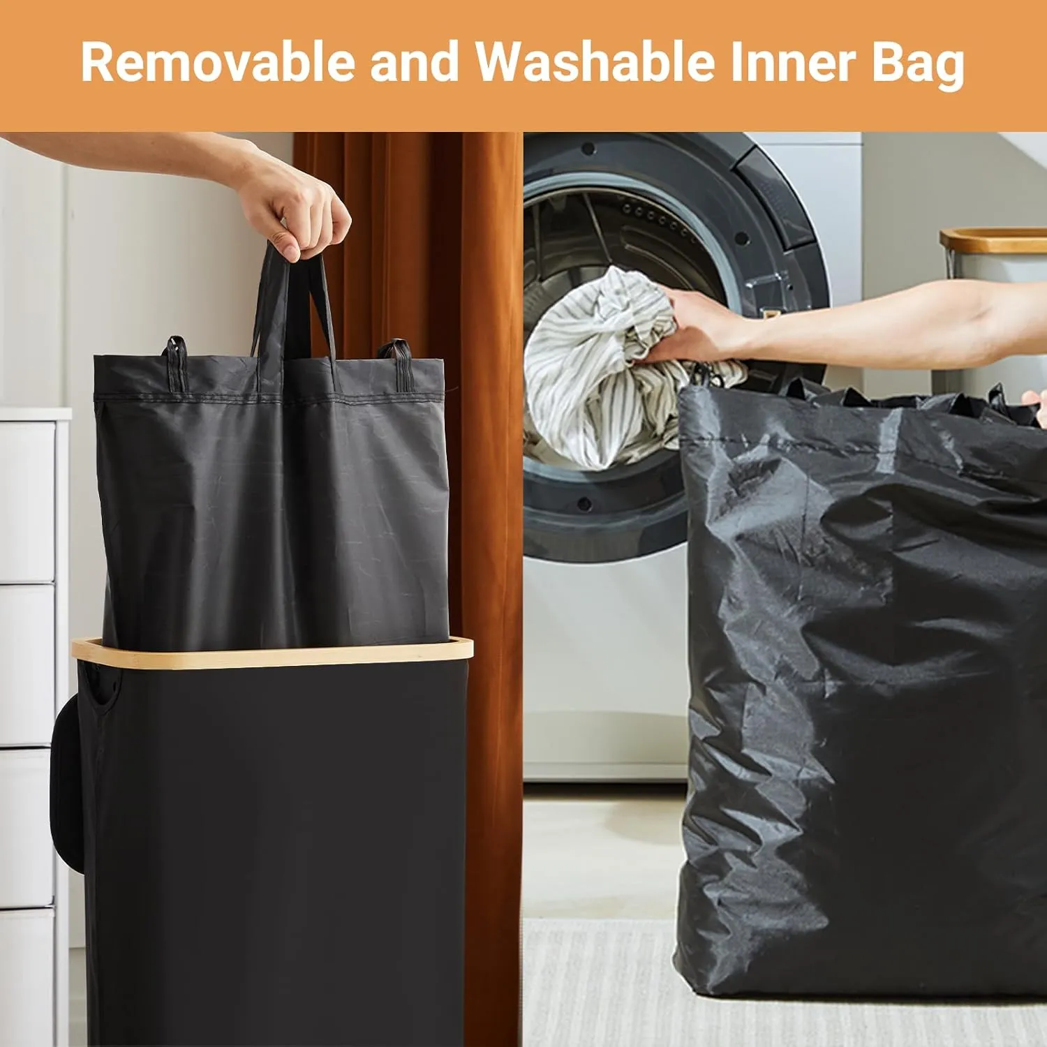 Fiona's magic Slim Laundry Hamper with Lid, 63L Narrow Laundry Basket with Removable Bag, Black Collapsible Dirty Clothes Basket, Thin Tall Storage Basket for Bathroom, Bedroom