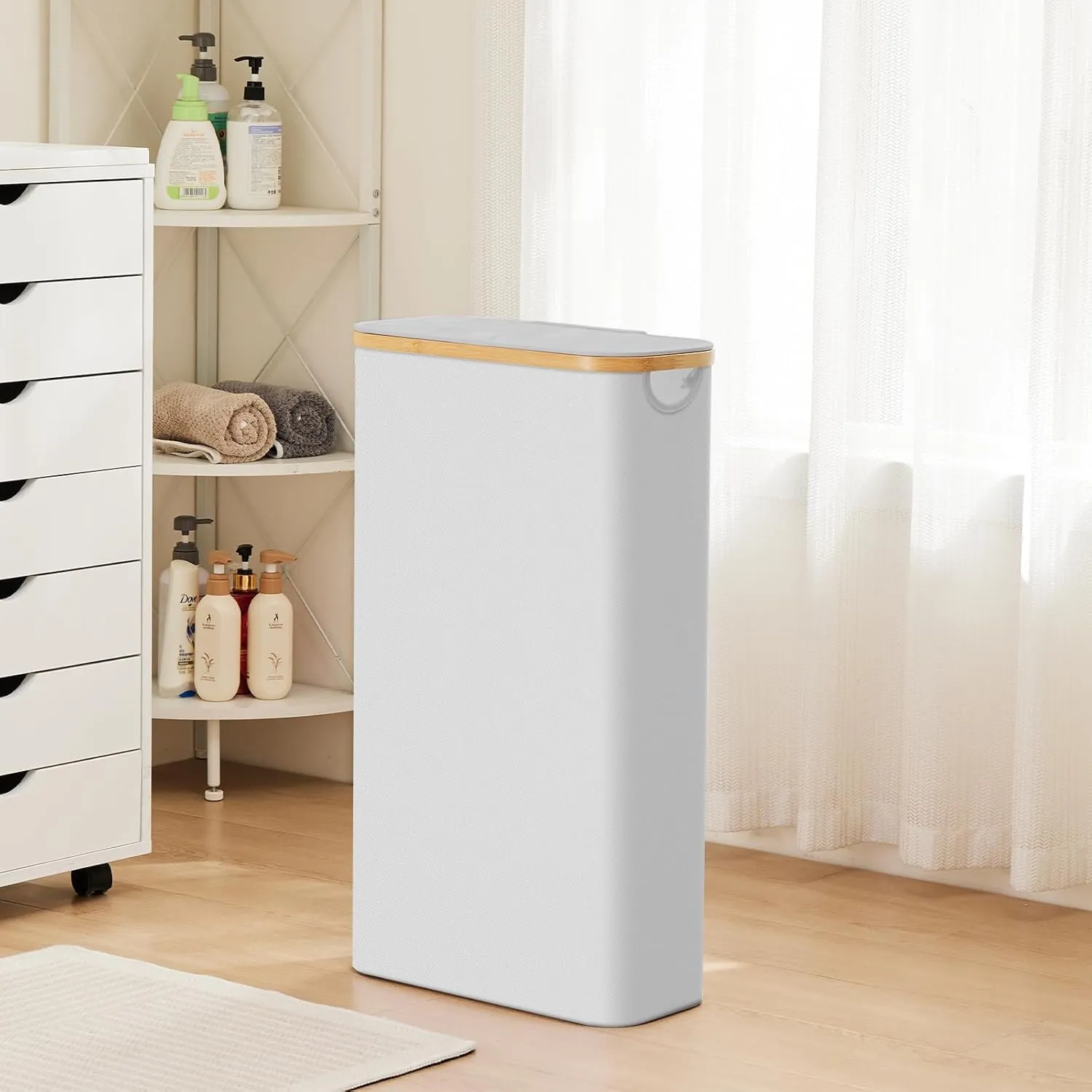 Fiona's magic Slim Laundry Hamper with Lid, 63L Narrow Laundry Basket with Removable Bag, Grey Collapsible Dirty Clothes Basket, Thin Tall Storage Basket for Bathroom, Bedroom
