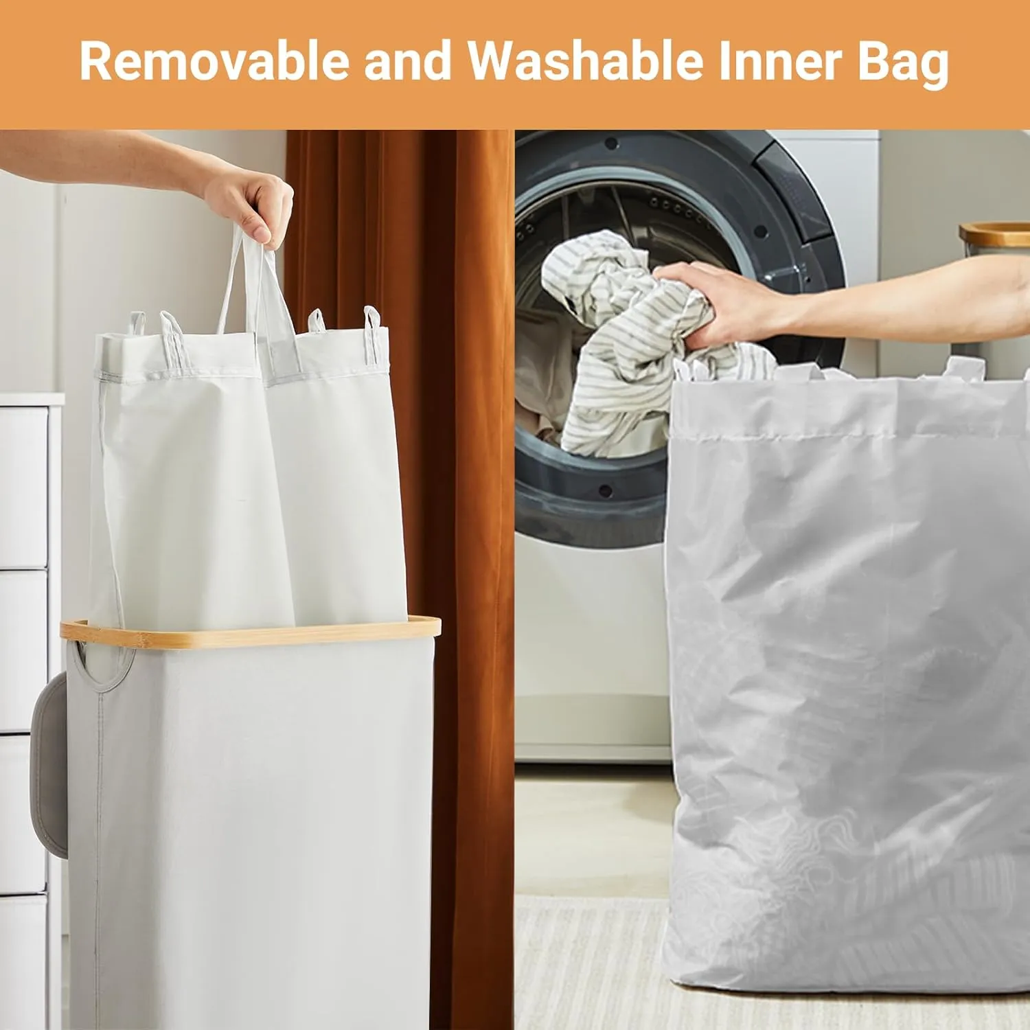 Fiona's magic Slim Laundry Hamper with Lid, 63L Narrow Laundry Basket with Removable Bag, Grey Collapsible Dirty Clothes Basket, Thin Tall Storage Basket for Bathroom, Bedroom