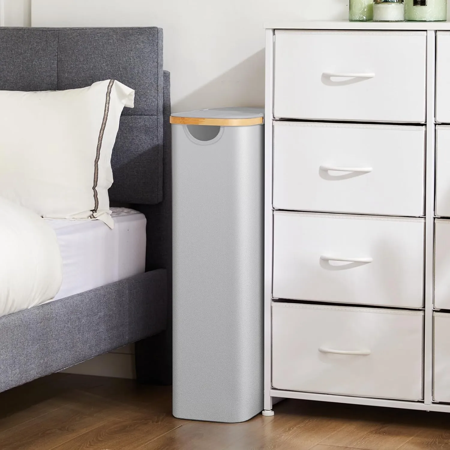 Fiona's magic Slim Laundry Hamper with Lid, 63L Narrow Laundry Basket with Removable Bag, Grey Collapsible Dirty Clothes Basket, Thin Tall Storage Basket for Bathroom, Bedroom
