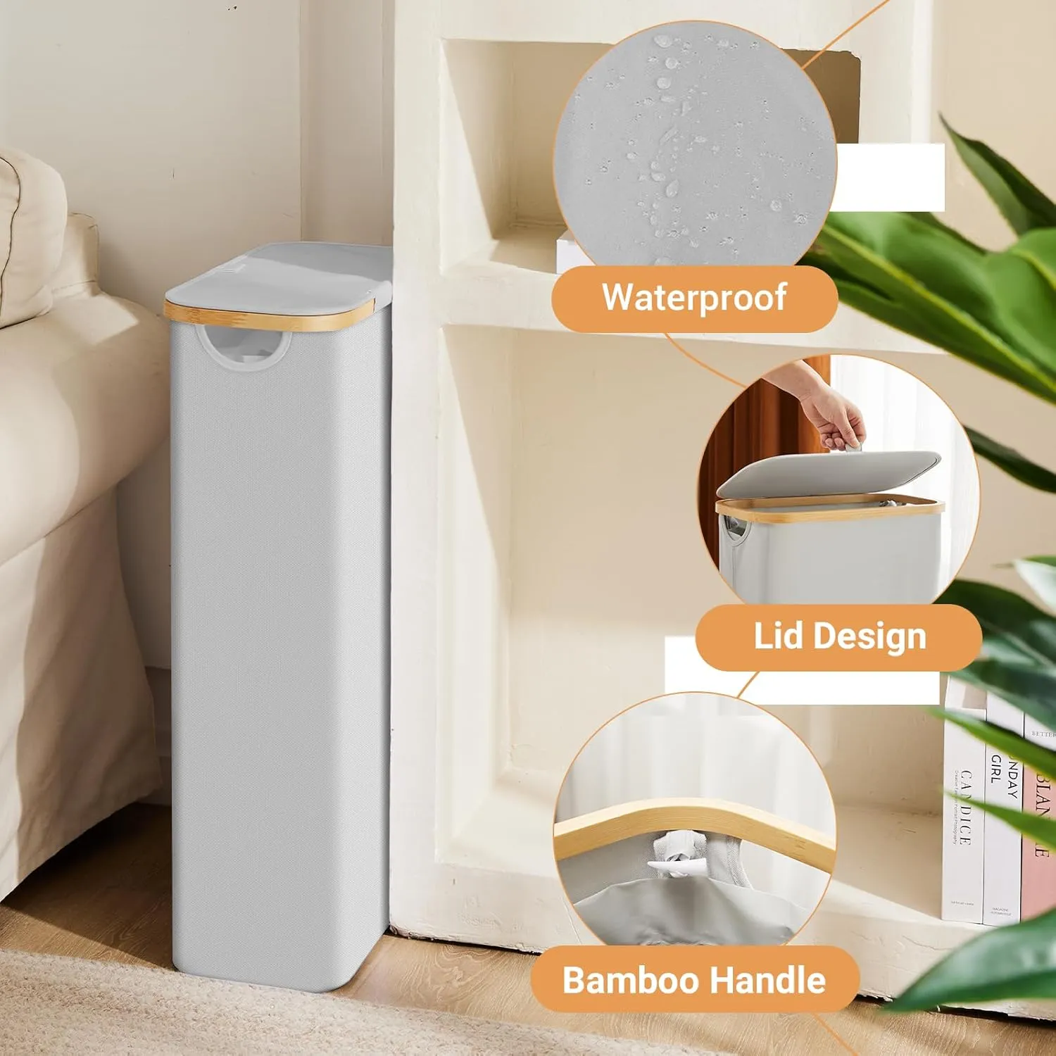Fiona's magic Slim Laundry Hamper with Lid, 63L Narrow Laundry Basket with Removable Bag, Grey Collapsible Dirty Clothes Basket, Thin Tall Storage Basket for Bathroom, Bedroom