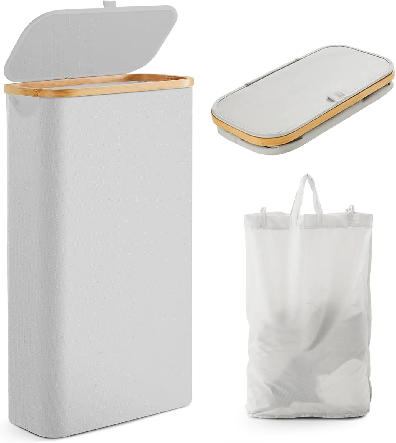 Fiona's magic Slim Laundry Hamper with Lid, 63L Narrow Laundry Basket with Removable Bag, Grey Collapsible Dirty Clothes Basket, Thin Tall Storage Basket for Bathroom, Bedroom