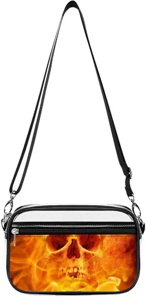 Fire Flaming Skull Clear Stadium Crossbody Bag Small Shoulder Purse Adjustable Strap Handbag for Women Men