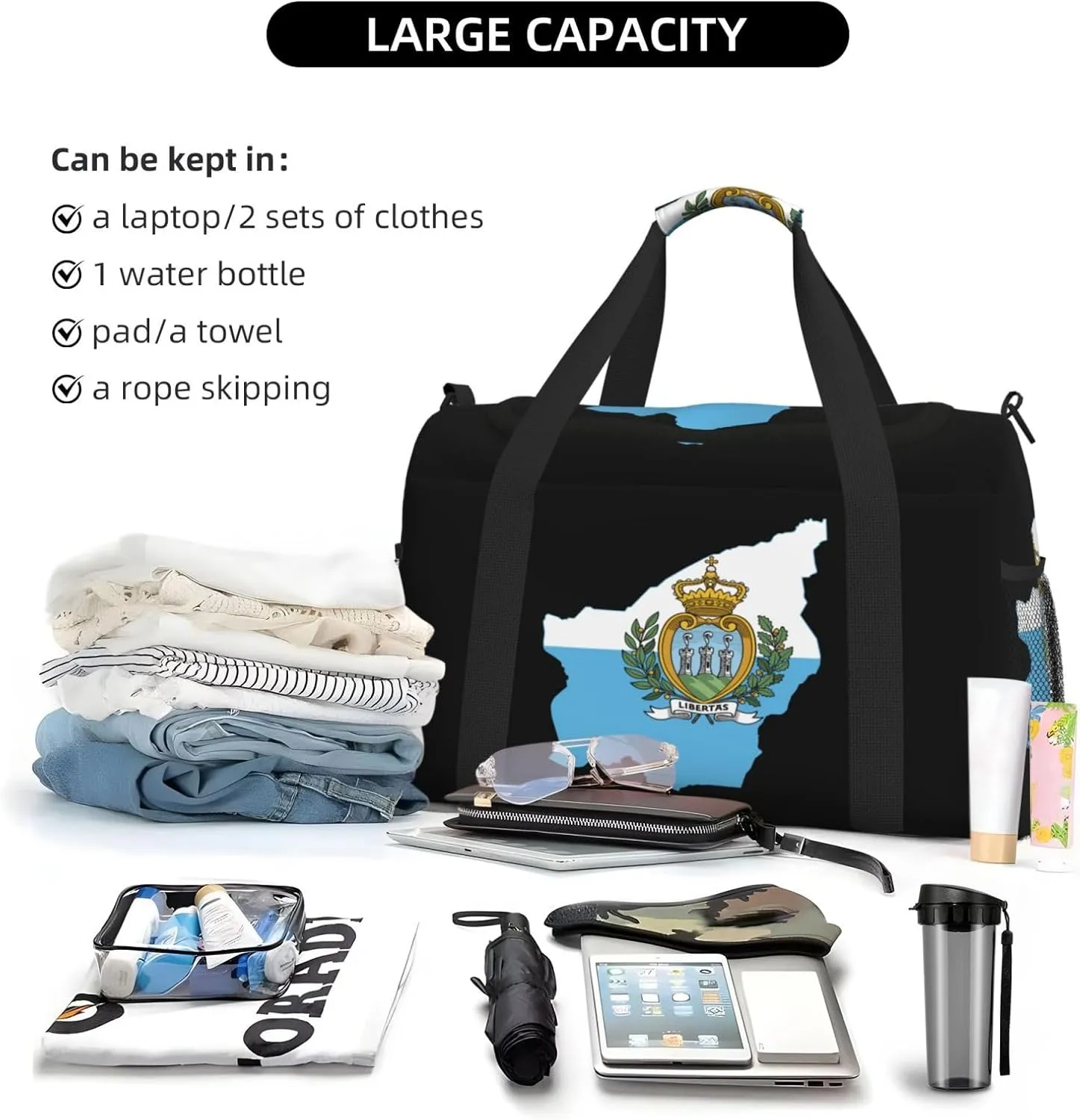 Flag Map Of San Marino Travel Duffel Bag Large Foldable Waterproof Overnight Bag For Beach Swim Bags Pool Sports Gym