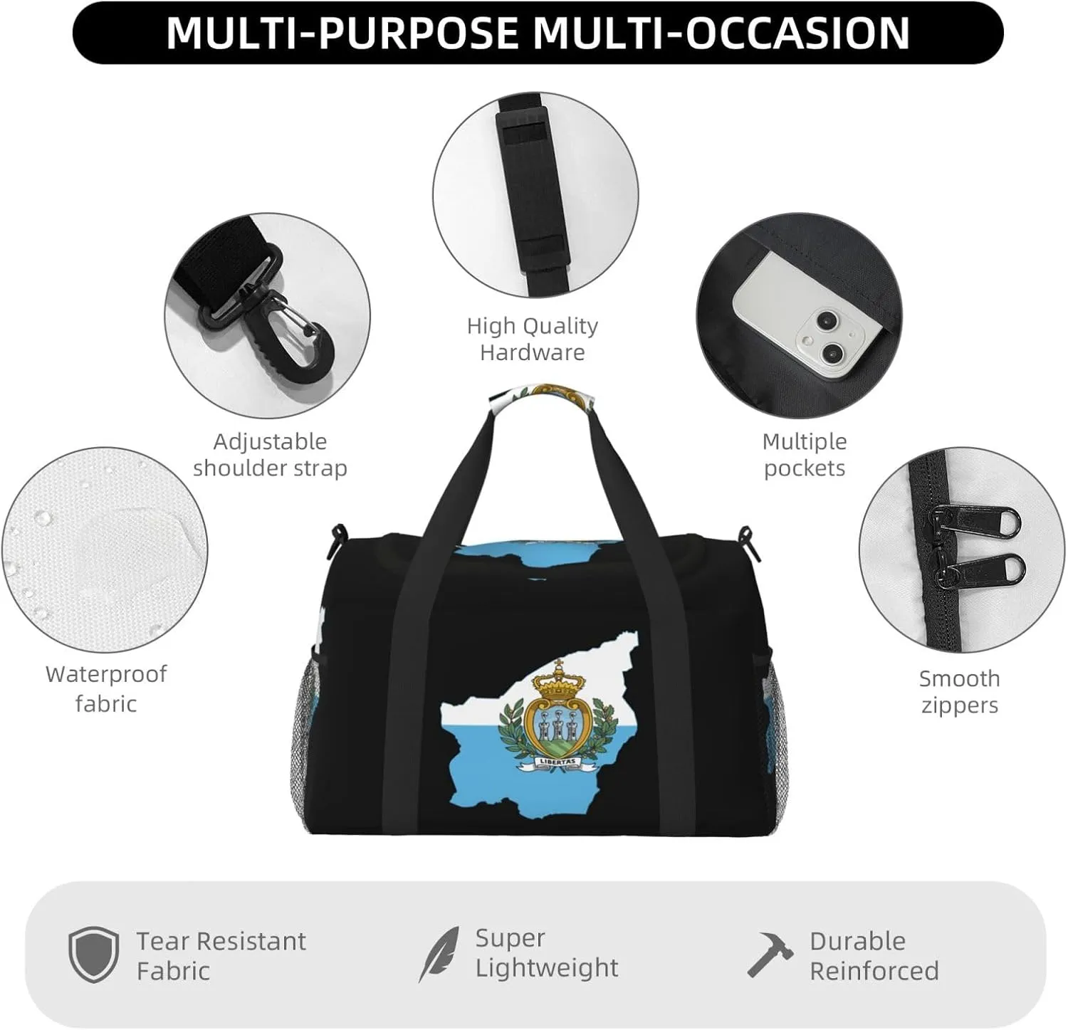Flag Map Of San Marino Travel Duffel Bag Large Foldable Waterproof Overnight Bag For Beach Swim Bags Pool Sports Gym