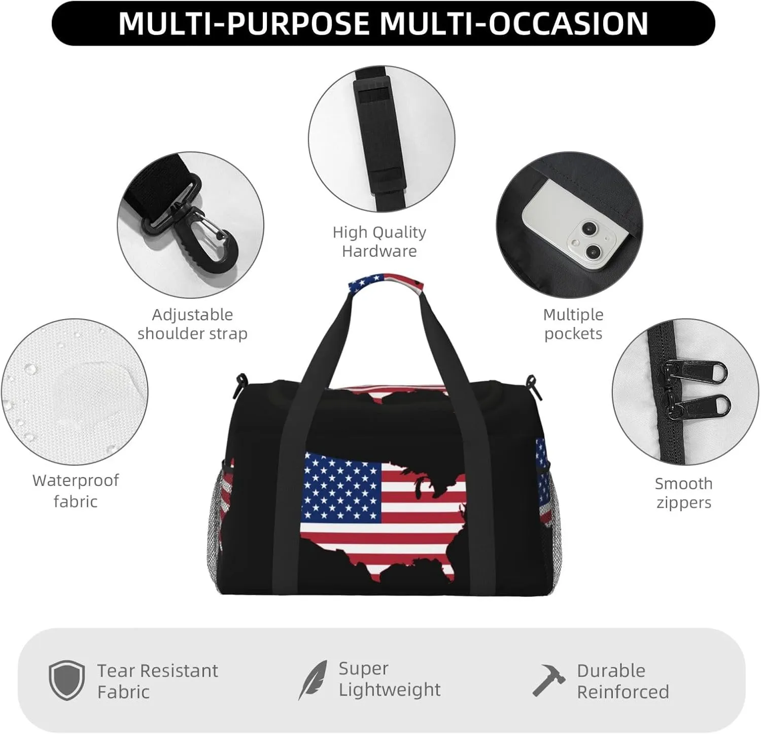 Flag Map Of United States Travel Duffel Bag Large Foldable Waterproof Overnight Bag For Beach Swim Bags Pool Sports Gym