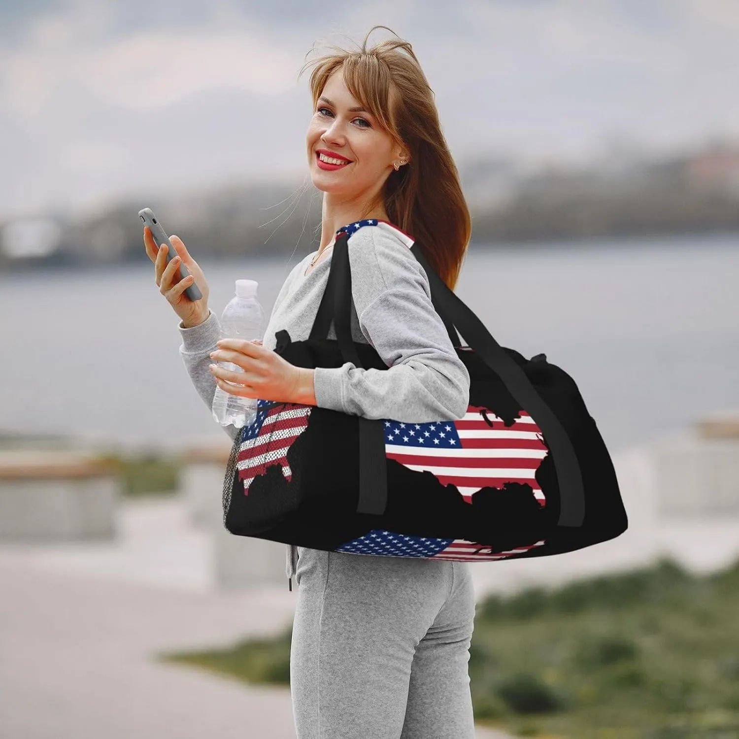 Flag Map Of United States Travel Duffel Bag Large Foldable Waterproof Overnight Bag For Beach Swim Bags Pool Sports Gym
