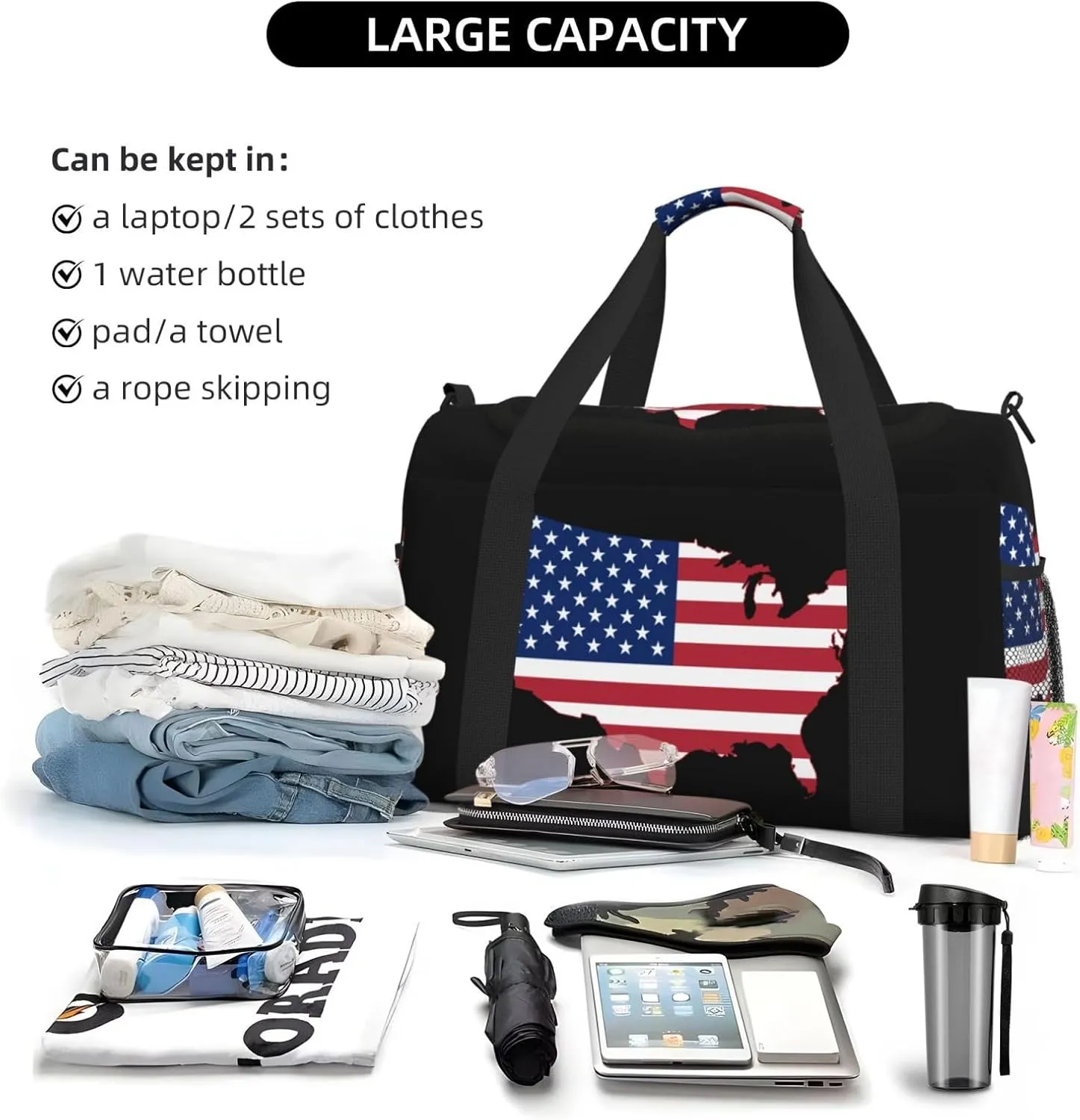 Flag Map Of United States Travel Duffel Bag Large Foldable Waterproof Overnight Bag For Beach Swim Bags Pool Sports Gym