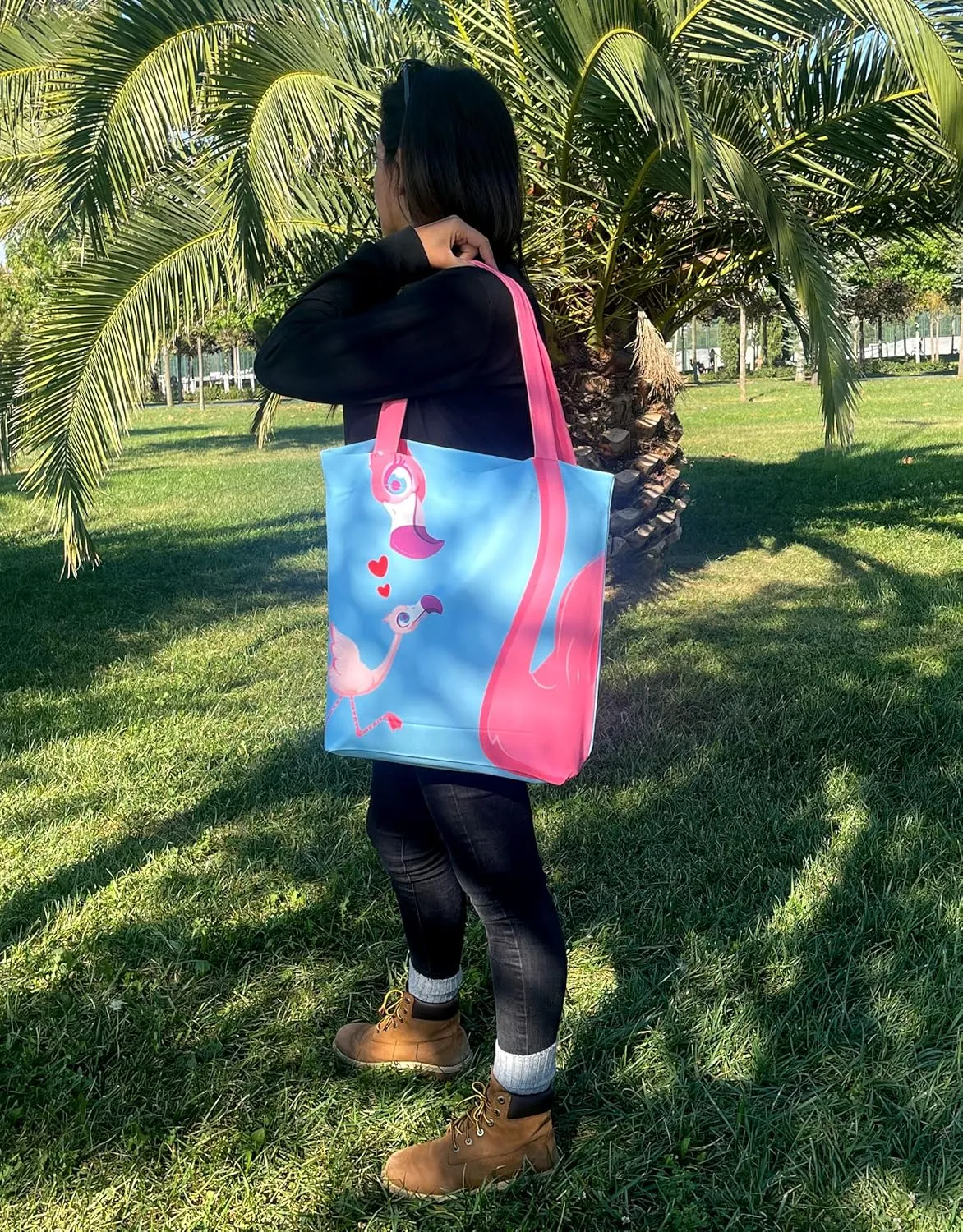 Flamingo Gift Bags - Pink Flamingo Handbags for Women - Teacher & Mother's Day Gifts - Reusable Pink & Blue Book & Tote Bags