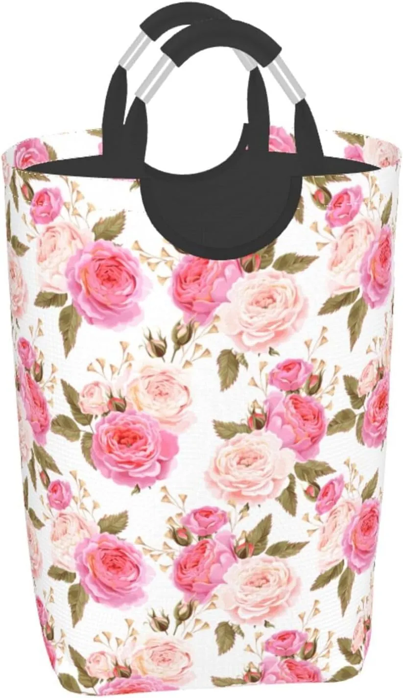 Floral Laundry Basket Flower Rose Laundry Hamper Pink Collapsible Laundry Baskets with Handle Laundry Bag Dirty Clothes Hamper for Dorm Family Bathroom Decor Storage 50L