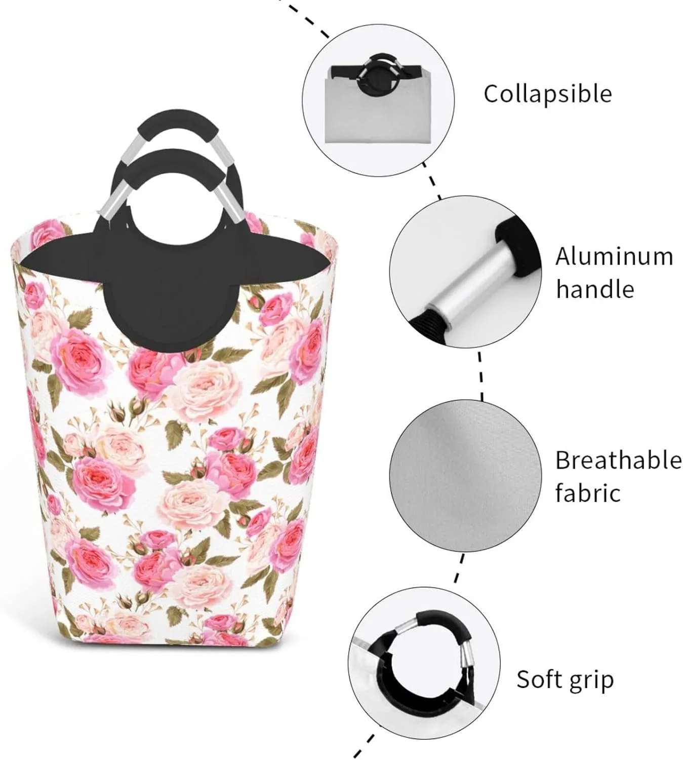 Floral Laundry Basket Flower Rose Laundry Hamper Pink Collapsible Laundry Baskets with Handle Laundry Bag Dirty Clothes Hamper for Dorm Family Bathroom Decor Storage 50L